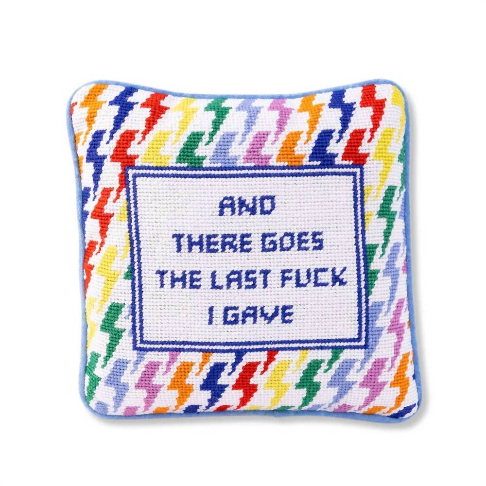 NEW FURBISH STUDIO and there goes needlepoint pillow in blue multi